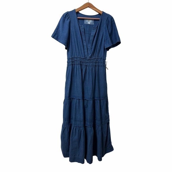 Anthropologie Dresses & Skirts - Anthropologie Maeve Somerset Chambray Tiered Maxi Dress Size L Blue Pockets NEW